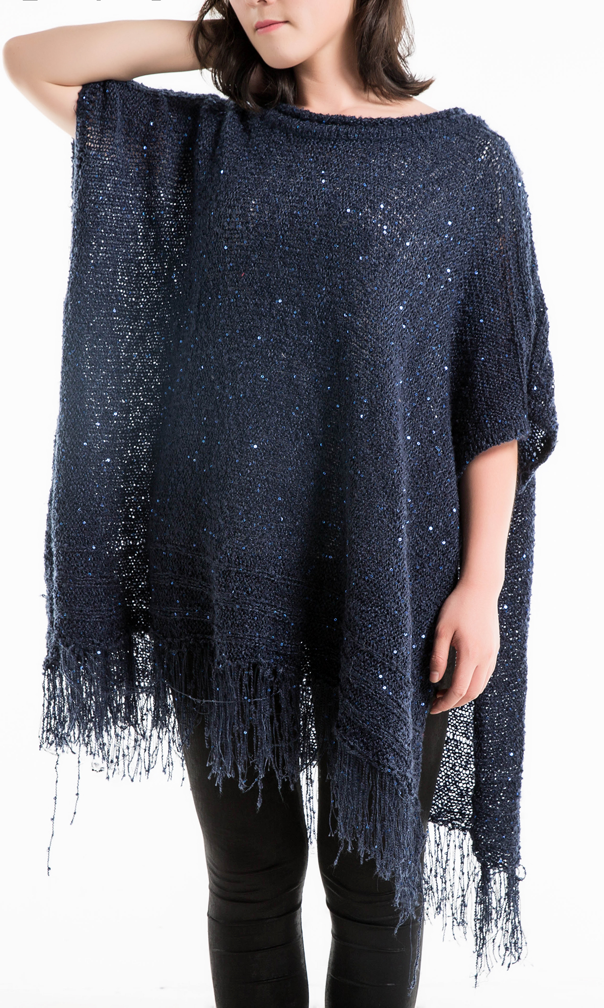 Womenâ€™s Metallic Sequin Tunics Poncho fringe Pullover Chunky Sweater on