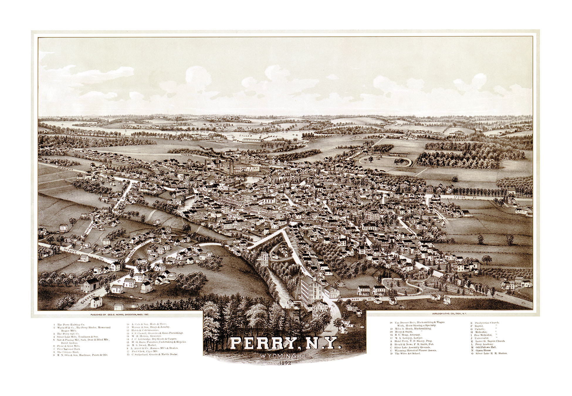 Perry, New York in 1892 Bird's Eye View, Aerial, Panorama, Vintage