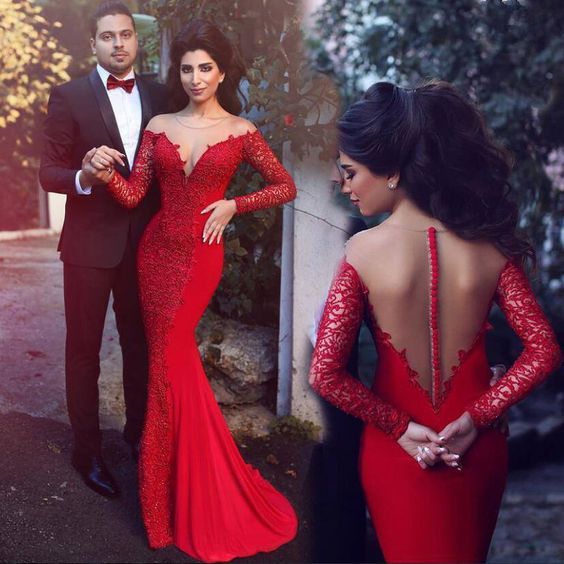 Long Sleeve Red Wedding Dress