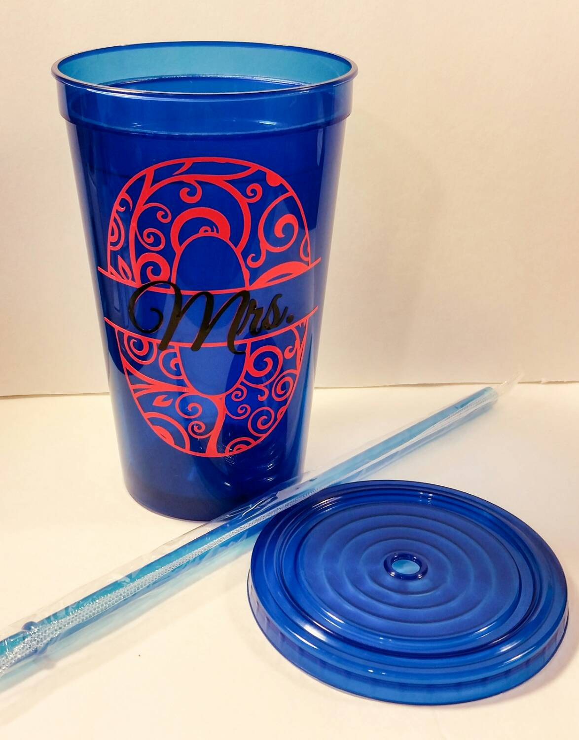 Personalized Tumbler, Monogram cup with straw, custom tumbler lid straw