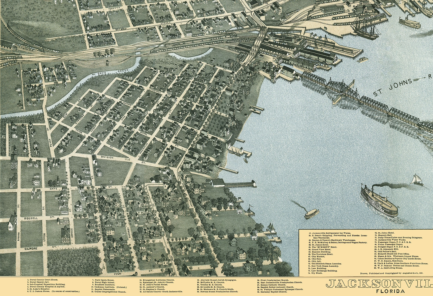 Jacksonville, Florida in 1889 Bird's Eye View, Aerial, Panorama