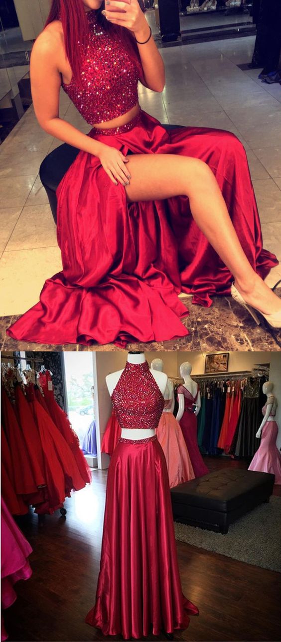 Red Beaded Halter Prom Dress