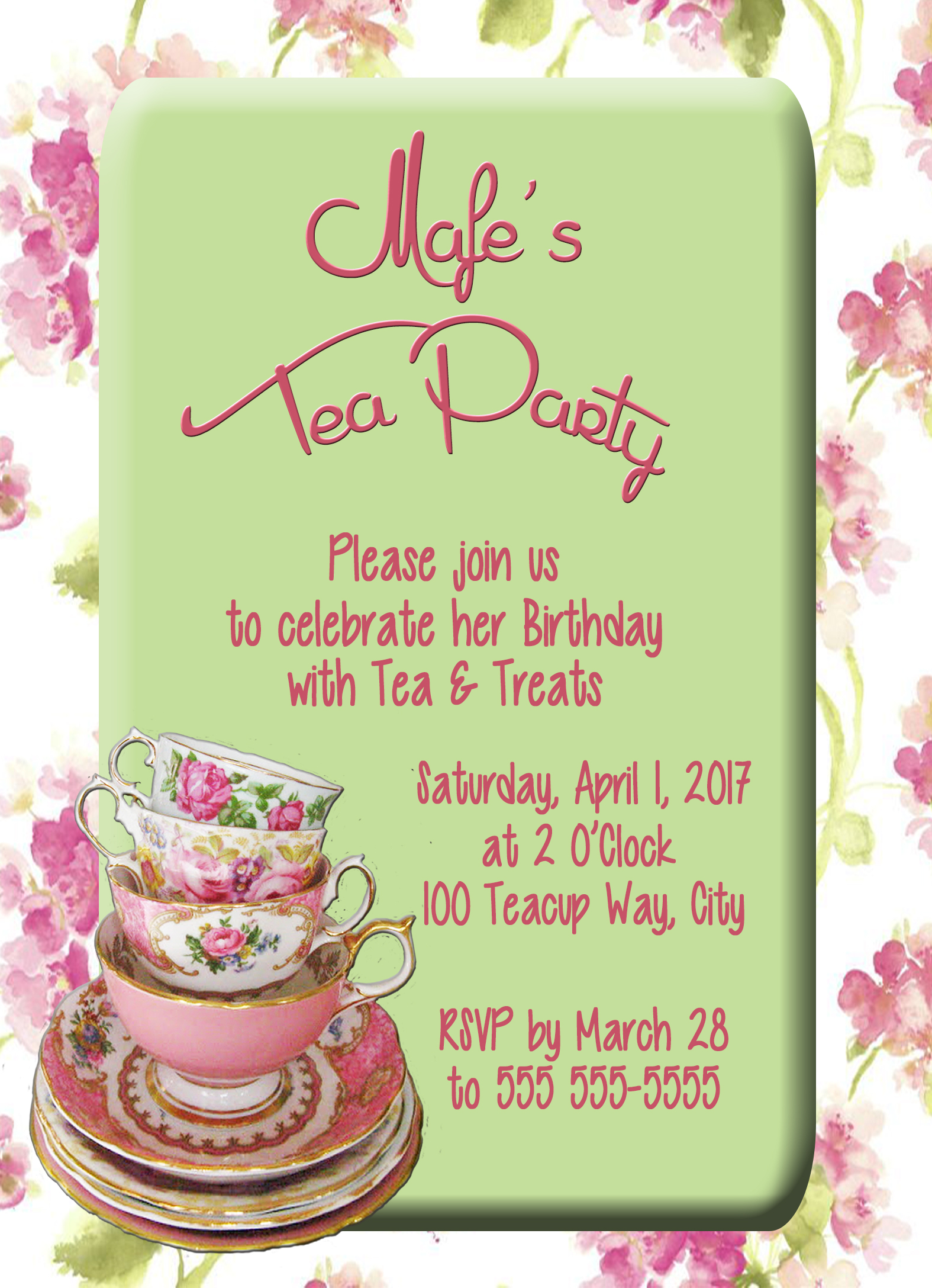 tea time party personalized birthday invitation 1 sided