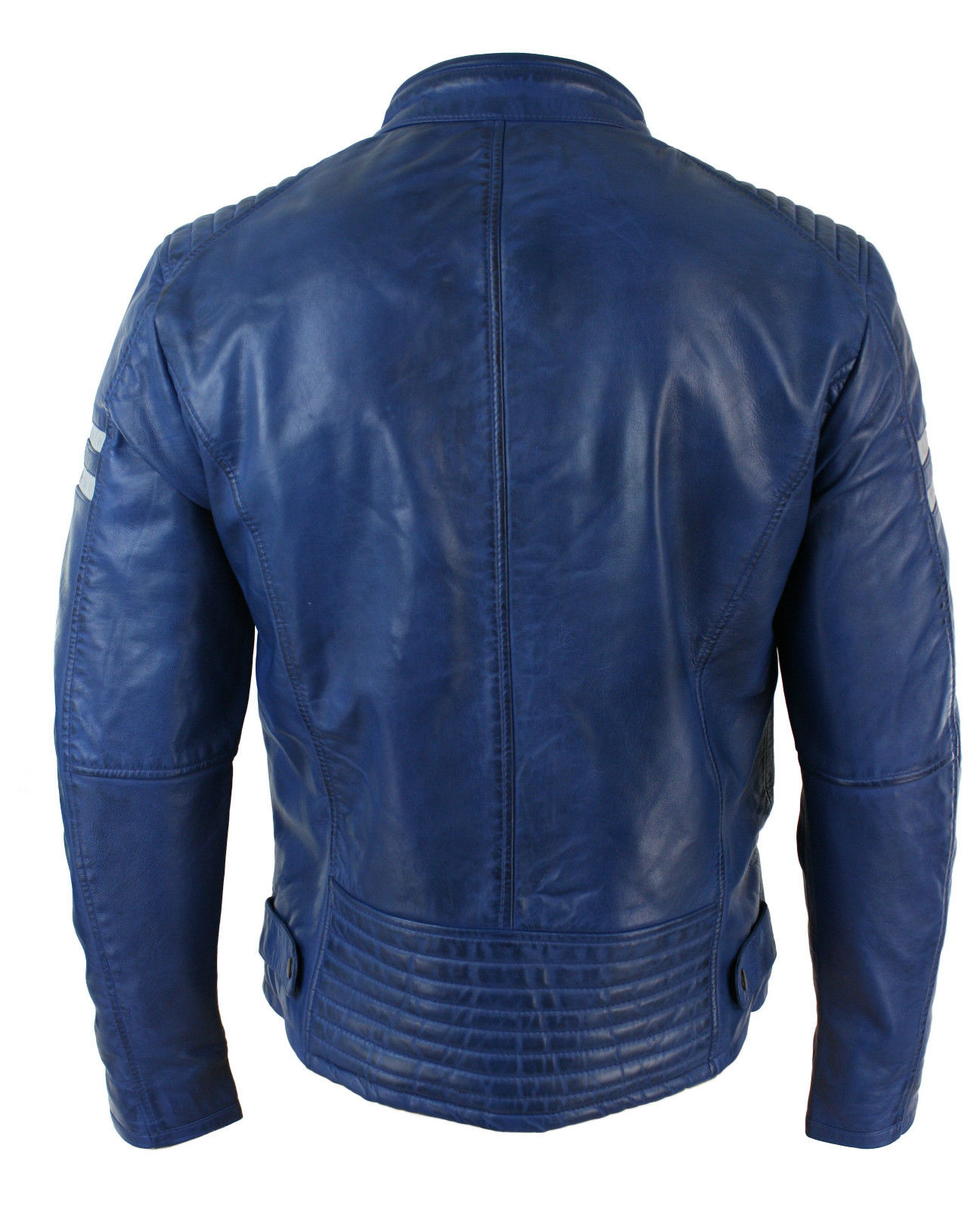 Mens Slim Fit Real Leather Biker Racing Jacket Blue White Stripes