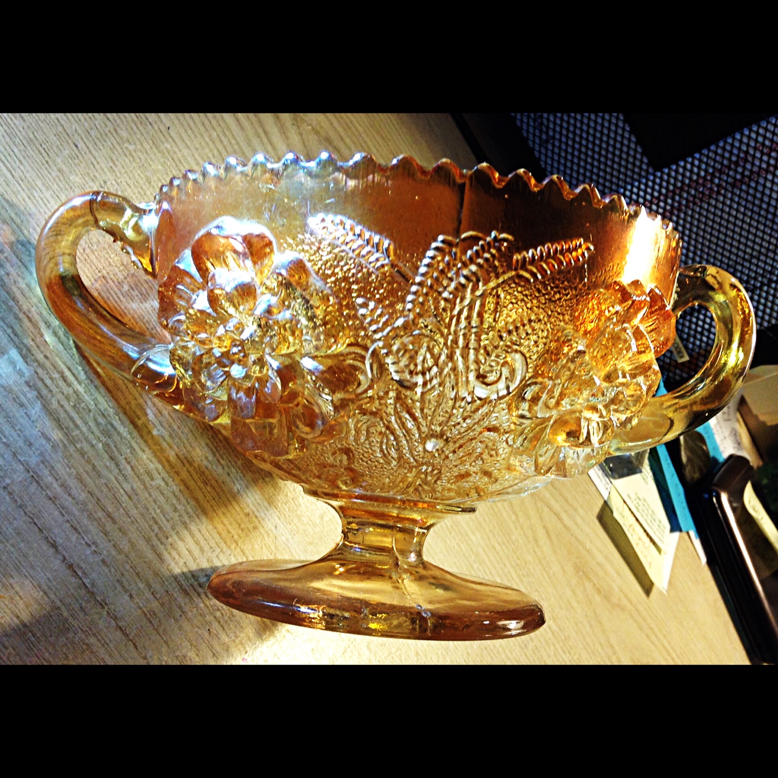 MINT Vintage Iridescent Orange Carnival Glass Serving Dish Handles