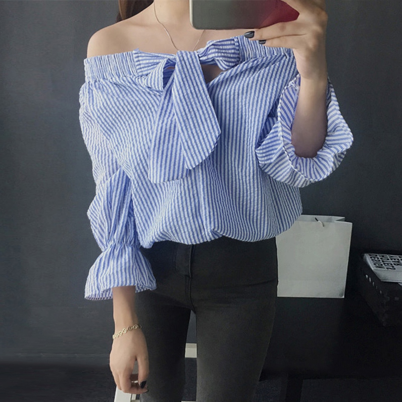 Blue Striped Off The Shoulder Top 