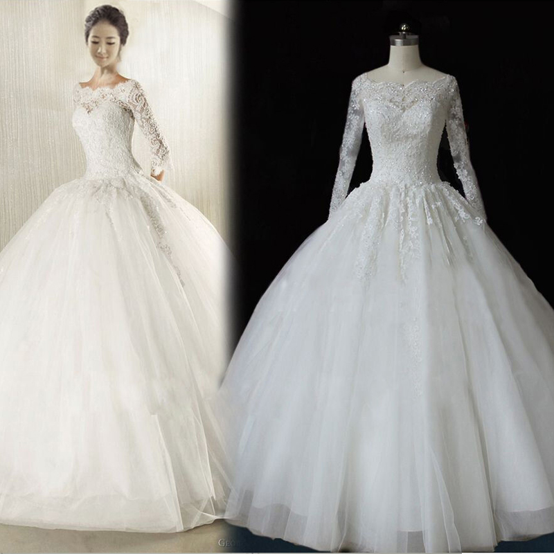 Lace Bridal Ball Gown with Long Sleeve,A Line Wedding Dress,Beautiful