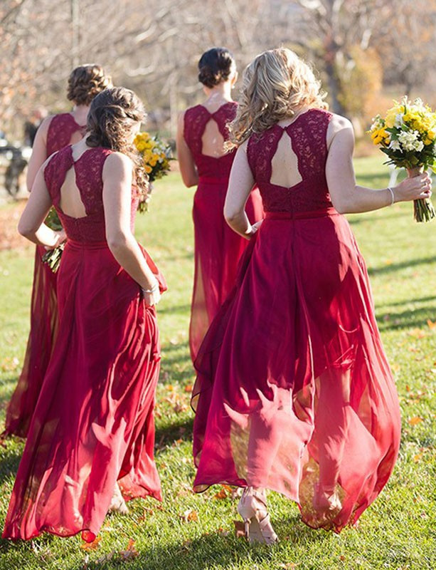 Sexy Red Wedding Party Dress Lace Bridesmaid Dress Red Chiffon