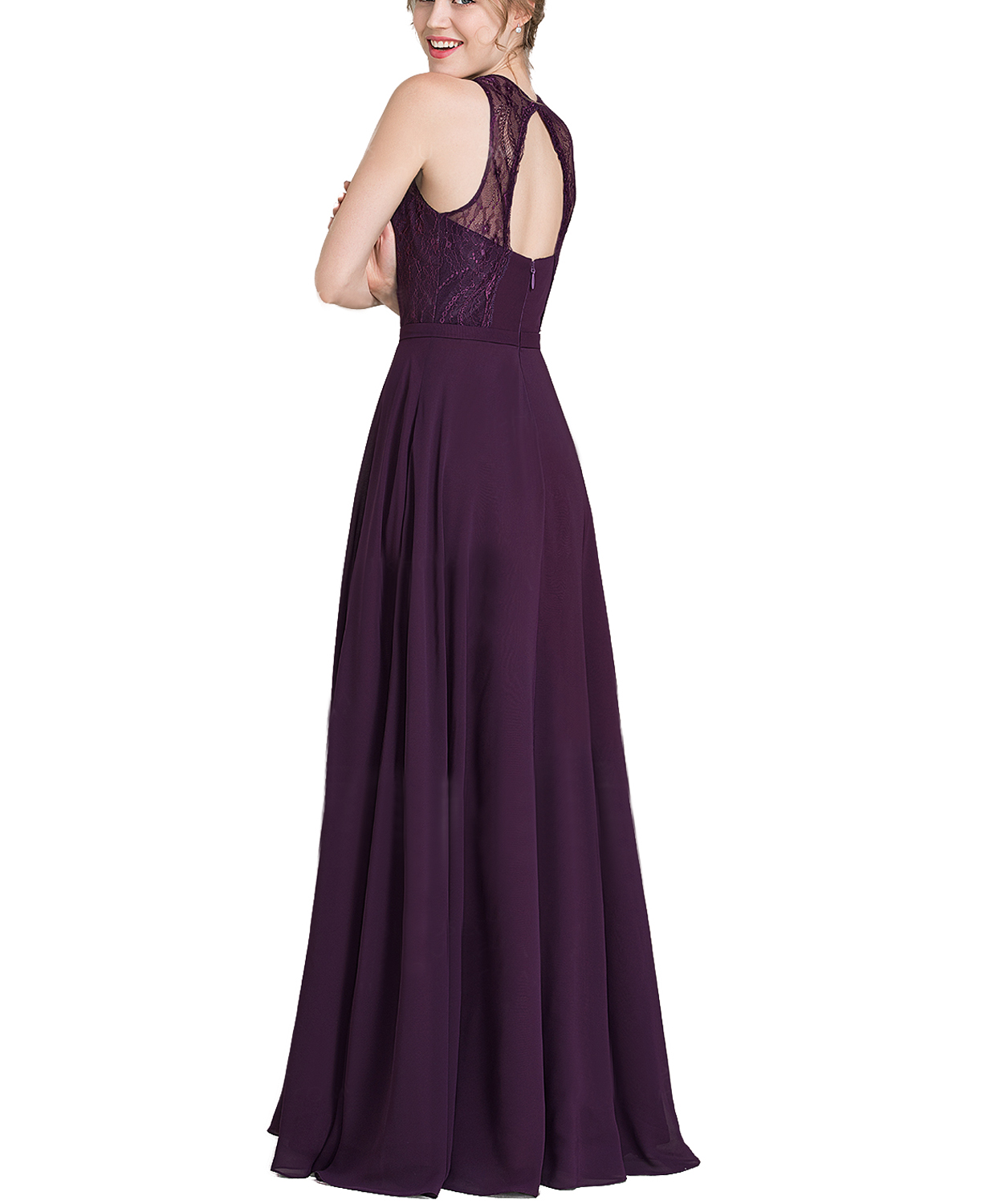 A-Line Princess Scoop Neck Floor-Length Chiffon Lace ...