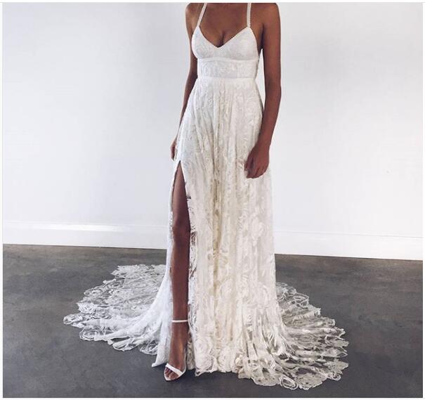 Lace Boho Wedding Dress, Beach Wedding Dress, Halter Backless Lace ...