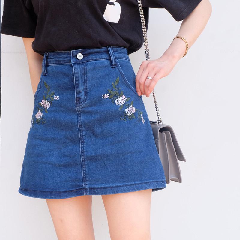denim skirt with embroidered flowers