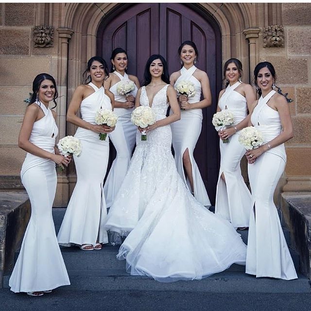 white mermaid bridesmaid dresses