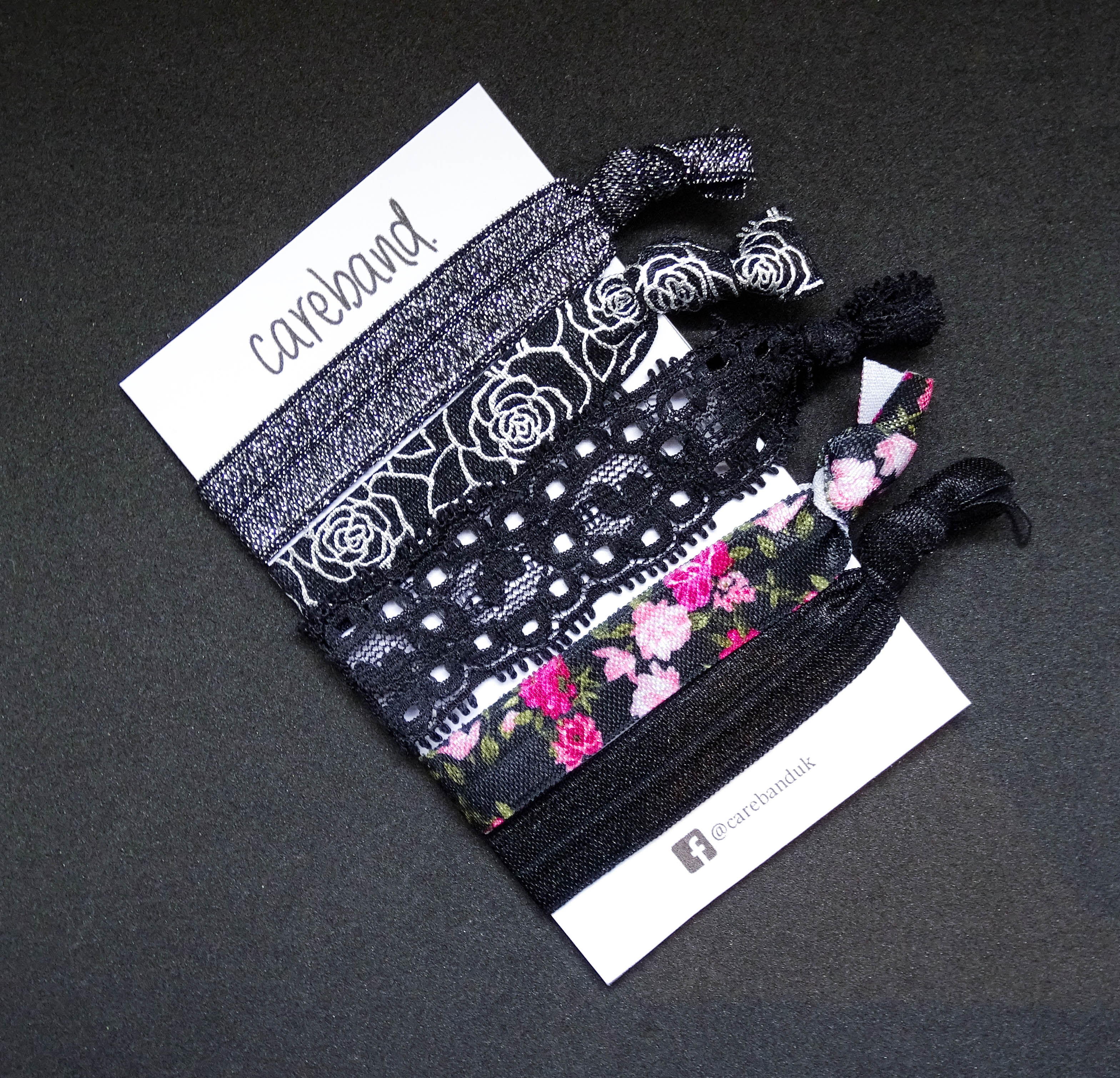 Set Of 5 No Damage Hair Bands Ties Black Pink Silver Flower