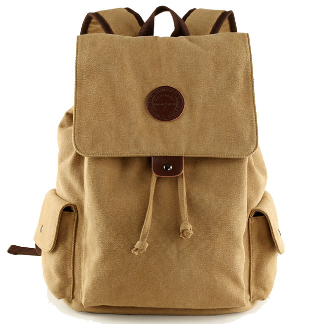Retro Large Khaki Travel Backpack Men's Canvas Flap Drawstring School