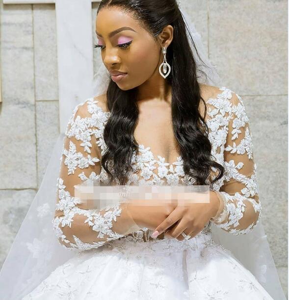 South Africa Sheer Neck Wedding Dresses Illusion Long Sleeves Lace