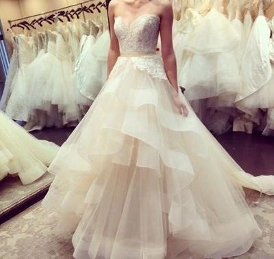 Elegant Sweetheart Beaded Ruffle Design A-Line Tulle Princess Wedding Dress, DP6118