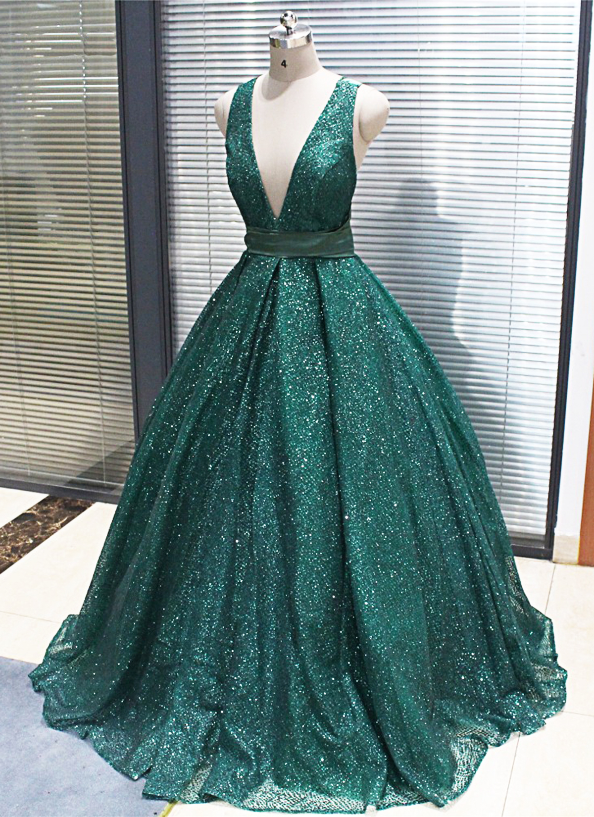 dark green sparkly prom dress