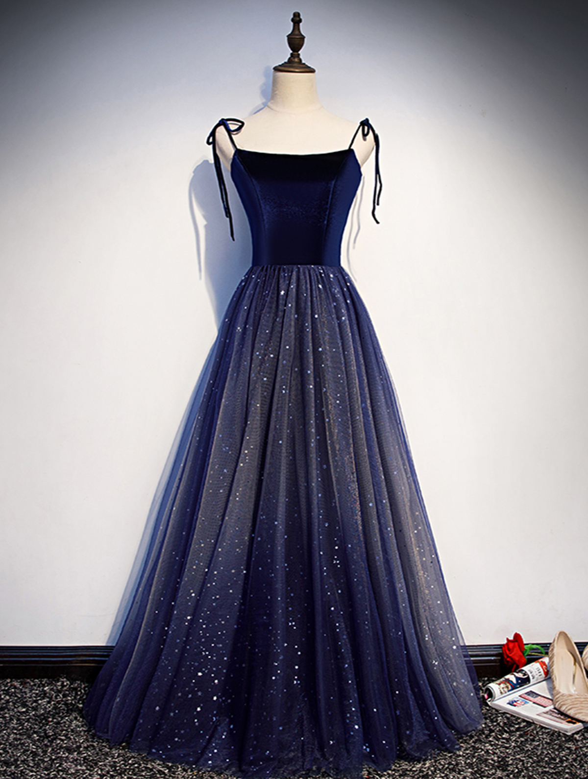 navy blue velvet long dress