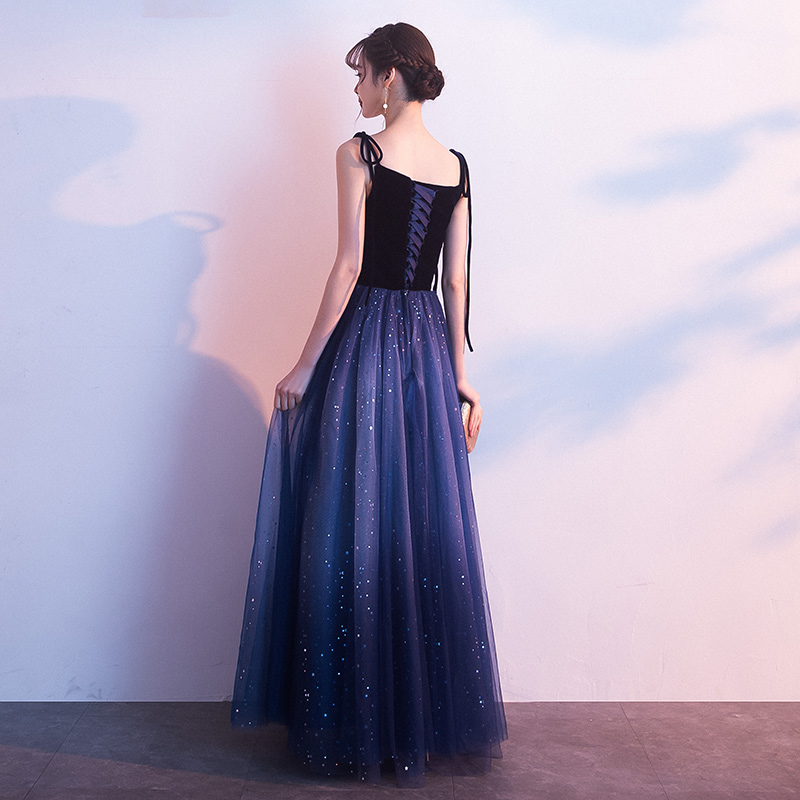 Dark blue velvet tulle long prom dress, evening dress · Little Cute