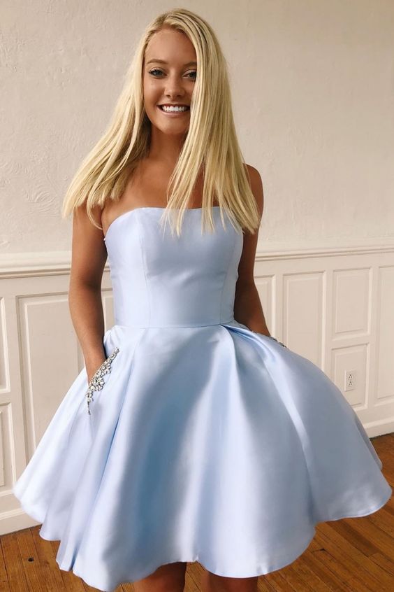 blue strapless gowns