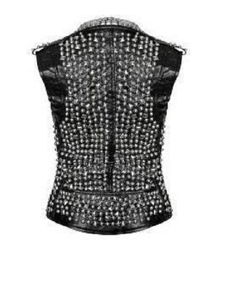 Woman Studded Leather Vest, Black Spike Belted Studs Zipper Brando Leather Vest on Storenvy