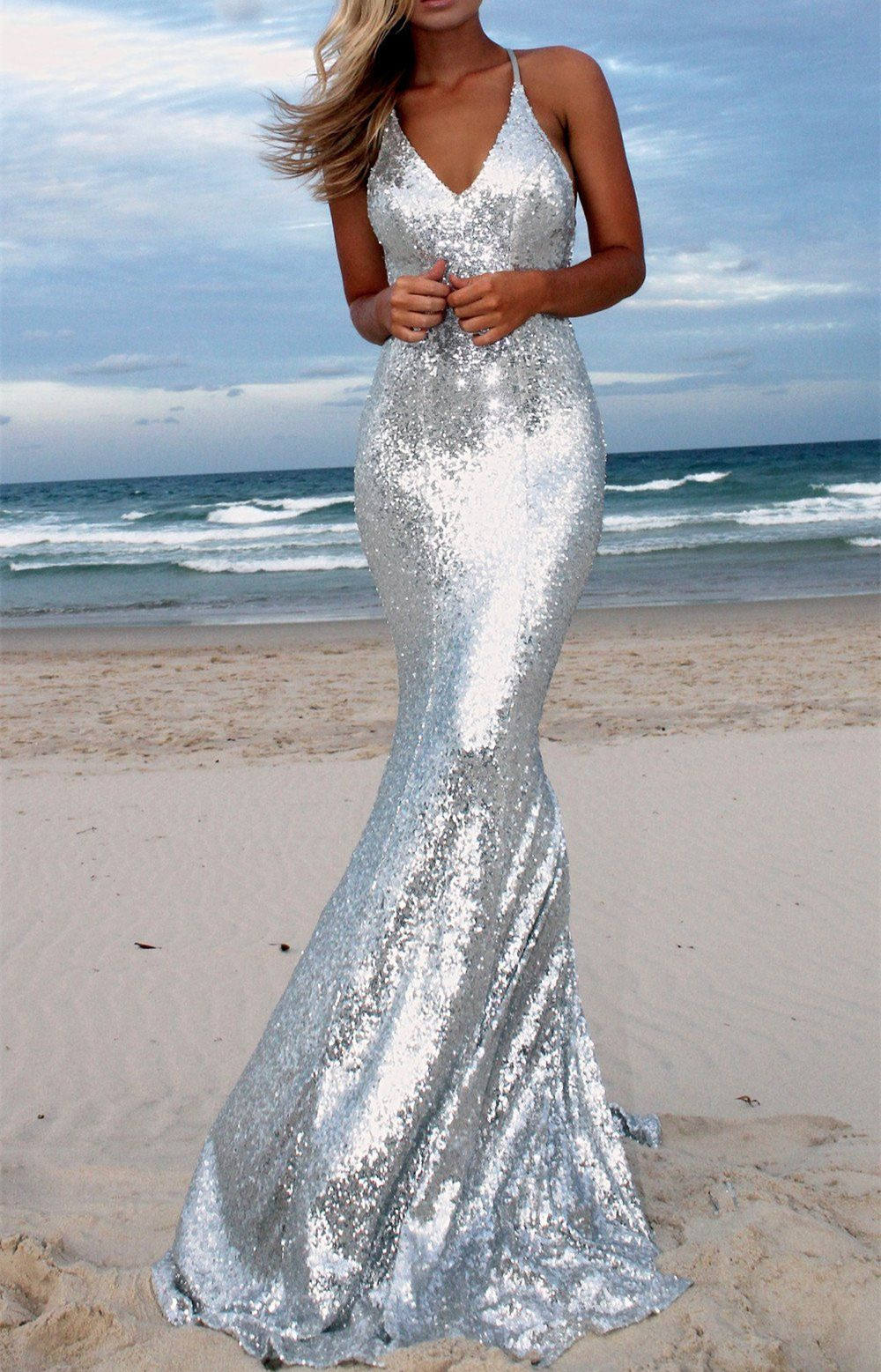 silver spaghetti strap prom dress