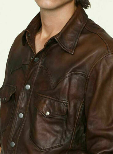 Men/'s Leather Shirt Genuine Lambskin Soft Basic Vintage Jacket Biker
