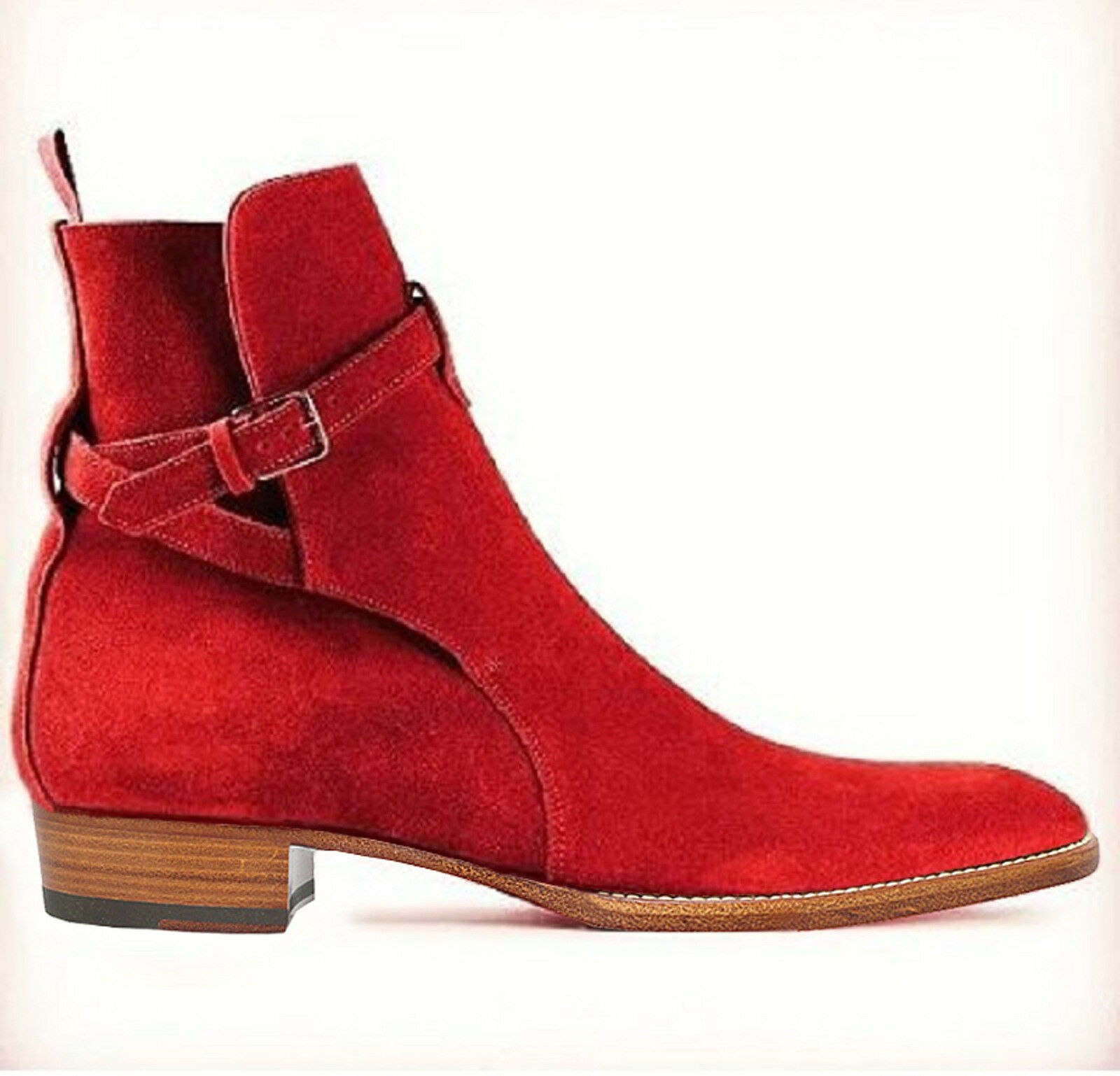 Men s Red High Ankle Jodhpur Rounded Buckle Strap Suede Leather Boots 