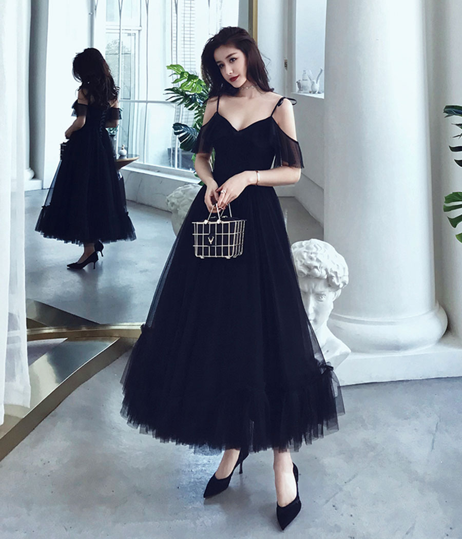 black tulle tea length dress