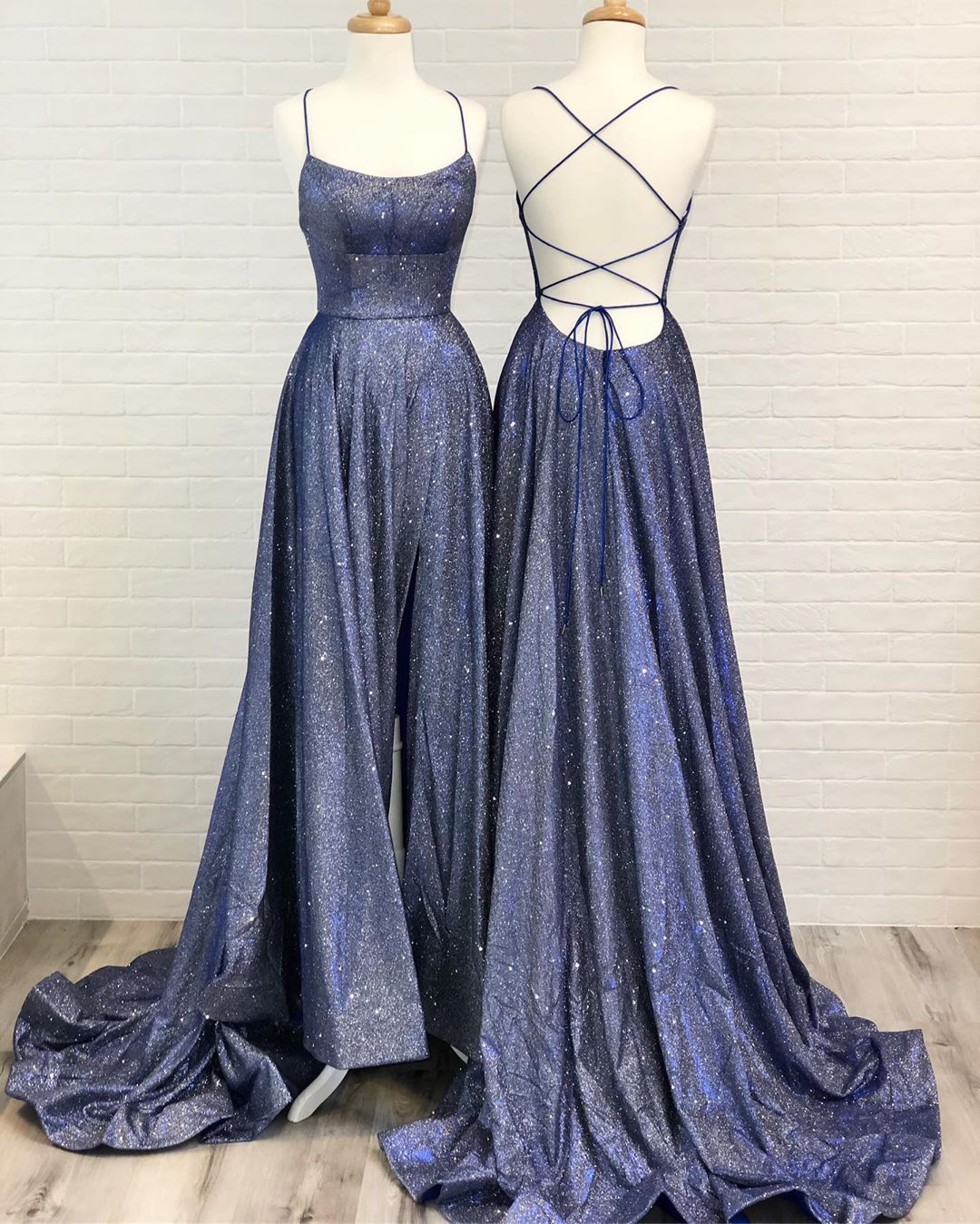 WD0096,Sparkle Blue Long Prom Dresses,Cross Back Evening Dresses,Side