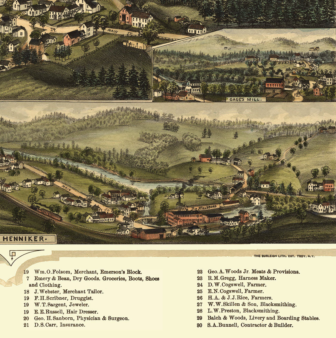 Henniker, NH in 1889 Bird's Eye View Map, Aerial, Panorama, Vintage