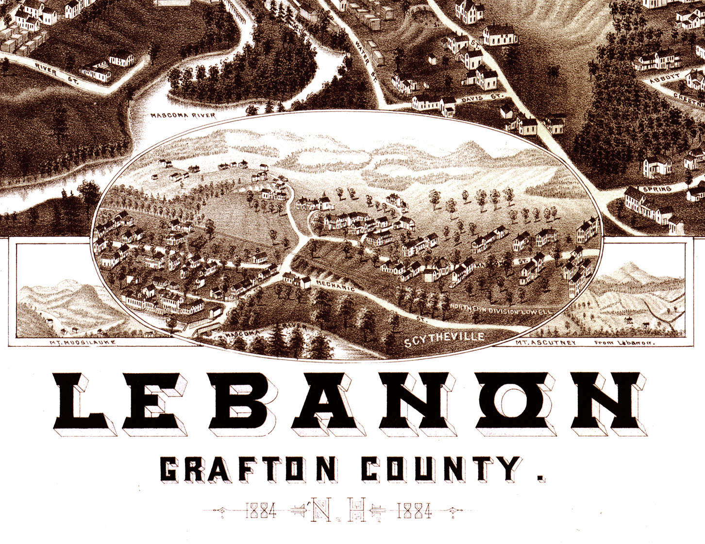 Lebanon, NH in 1884 Bird's Eye View Map, Aerial Map, Panorama, Vintage map, Antique map