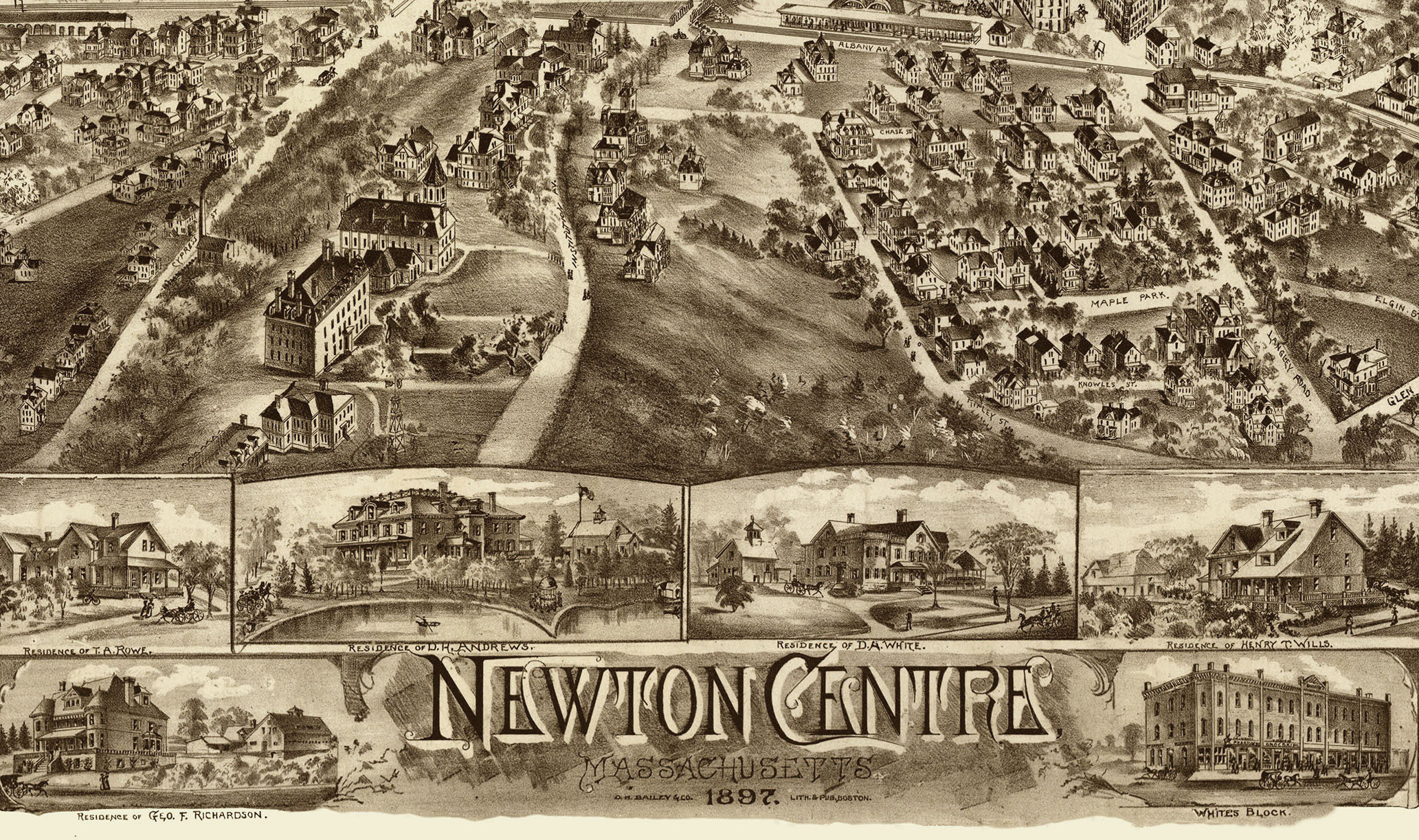 Newton Centre, MA in 1897 Bird's Eye View Map, Aerial map, Panorama